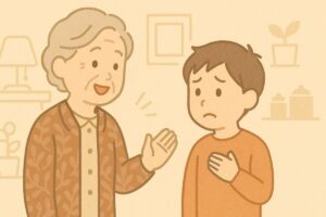 優しく注意するおばあさんと子どもの場面を描いたフラットイラスト