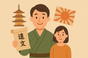 関西弁と標準語の歴史を示す人物イラスト