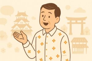 関西弁の文化を説明する男性のやさしい和風フラットイラスト