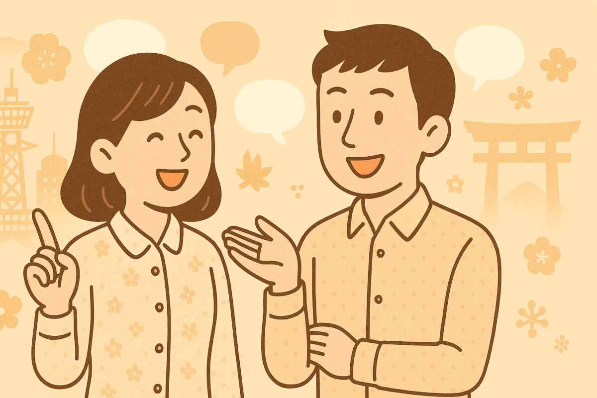 関西弁と標準語の違いを楽しそうに比較する男女のフラットデザインイラスト