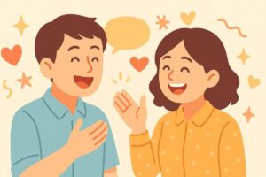 関西弁で会話が弾む明るい雰囲気を描いたイラスト