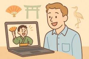 海外の人が関西弁キャラクターの動画を楽しんでいるイラスト
