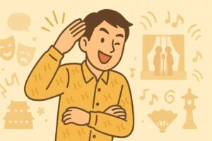 軽くツッコミを入れる男性のユーモラスなフラットイラスト