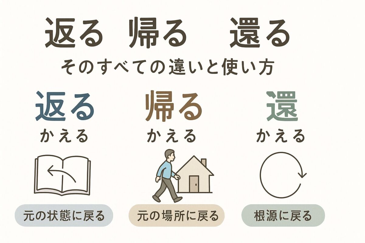 日本語の「返る・帰る・還る」の違いを説明するシンプルな図解イラスト