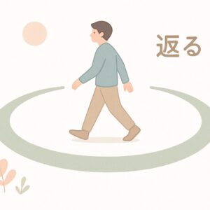 「返る・帰る・還る」という“戻る”を総括的に象徴する、やわらかい雰囲気のまとめ用イラスト