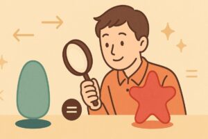 特徴と特長の違いを人物が2つの抽象形を比較する様子で表したフラットデザインイラスト