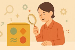 商品の特徴を観察し比較する様子を抽象図形で表したフラットデザインイラスト