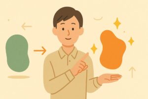 特徴と特長の違いを二つの抽象図形を比較する構図で示したフラットデザインイラスト