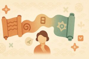 日本語の語源や歴史的変化を象徴する和風フラットデザインのイラスト