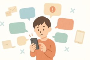 誤用が広まる背景としてスマホの予測変換を象徴するシンプルなイラスト