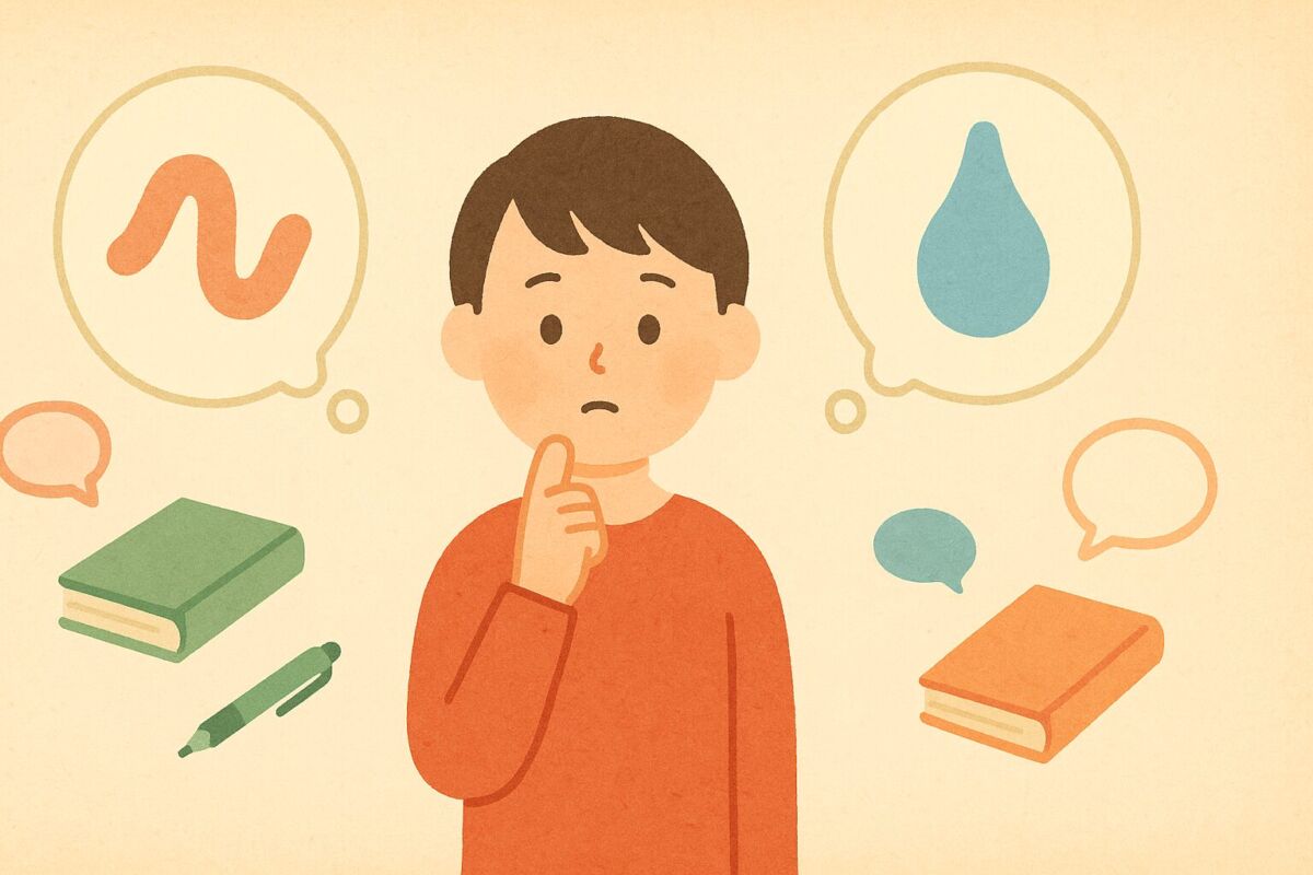 「しずらい」と「しづらい」の違いを直感的に表現したシンプルな和風フラットデザインのイラスト