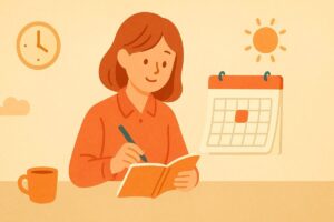 1日の予定を立てている女性とカレンダーのイラスト