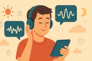 同じ発音を聞き分けようとする男性と音の波形のイラスト同じ発音を聞き分けようとする男性と音の波形のイラスト