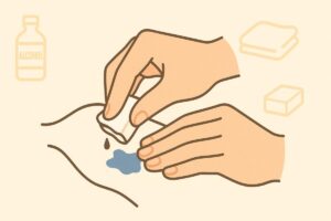 油性ボールペンのインクにアルコールを少量使って落とす工程を分かりやすく描いたイラスト