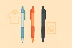 3種類のボールペン(水性・ゲル・油性)の違いを優しく示したフラットデザインの比較イラスト