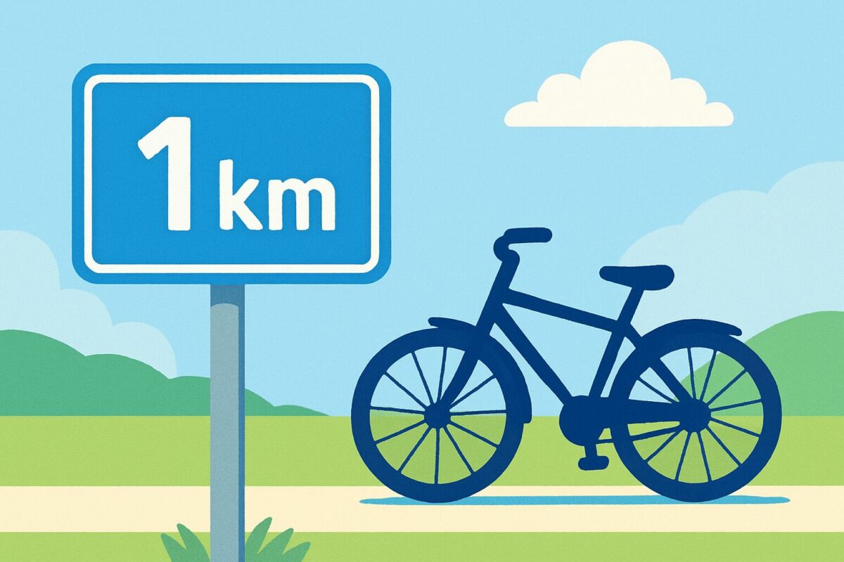 自転車がまっすぐ道路を走り、1キロ進むイメージを表した明るい風景のイラスト