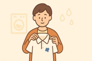 洗濯後にインク汚れへ気づく人物と衣類を落ち着いて確認する場面を描いたイラスト
