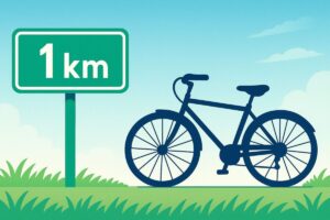 自転車で1キロ進む距離を示す看板と自転車のシルエットのイラスト