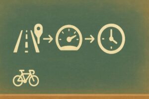 距離÷時速×60を分かりやすく示した黒板風の図解イラスト