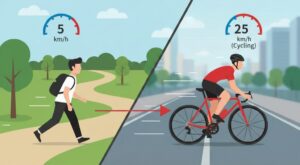 徒歩と自転車の移動時間を比較した図解イラスト