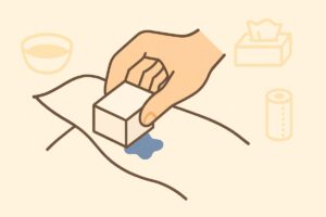 メラミンスポンジで衣類のインク汚れを軽く叩き落とす手順を表現したフラットイラスト