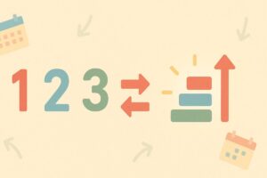 序数の概念を直感的に示す数字と順序アイコンのシンプルなフラットイラスト