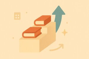 英語力が積み上がる様子を階段アイコンで象徴したフラットイラスト