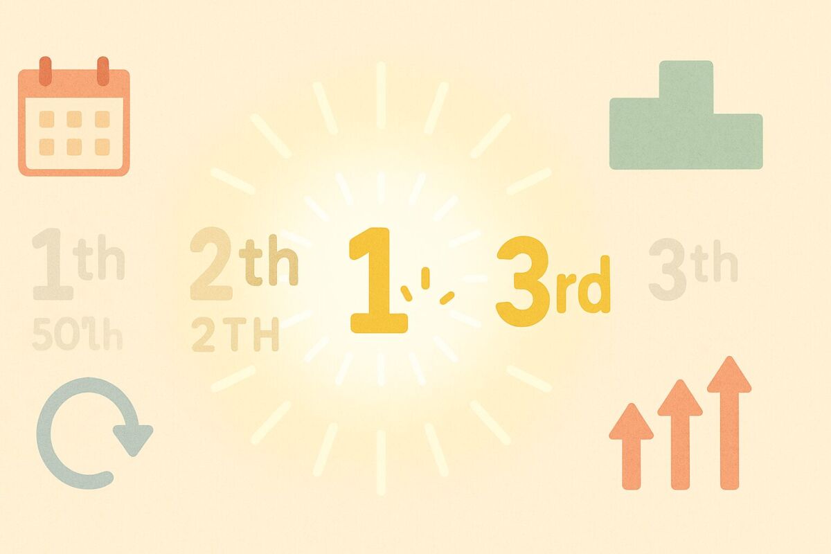 英語の序数「1st・2nd・3rd」と誤表記を対比しながら順番の概念をイメージで表現したフラットデザインのやさしいイラスト