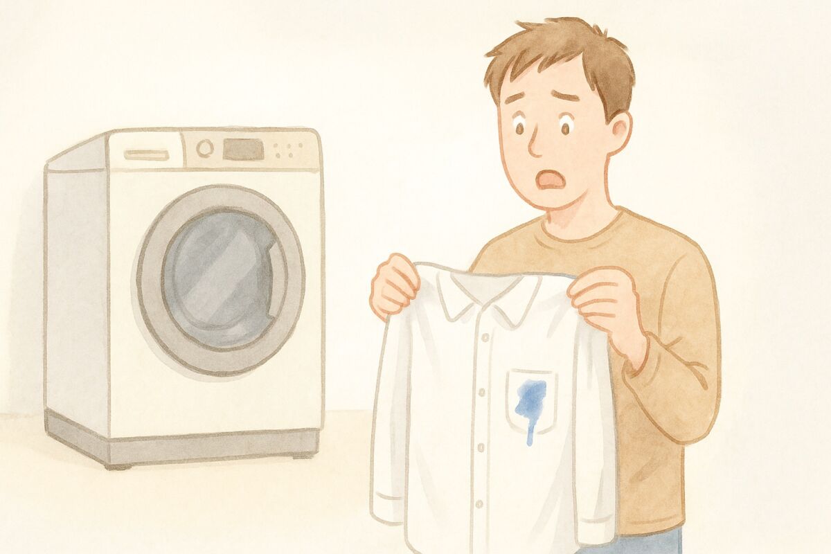 洗濯機とシャツについた青いボールペン汚れに困っている人物のイラスト