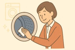 洗濯機ドラム内のインク汚れをウェットティッシュで優しく拭き取る様子を描いたイラスト