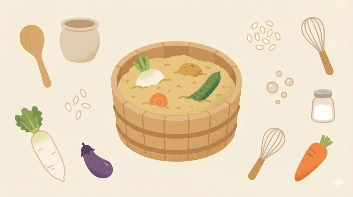 ぬか床の捨て方をイメージした優しい雰囲気の和風フラットイラスト