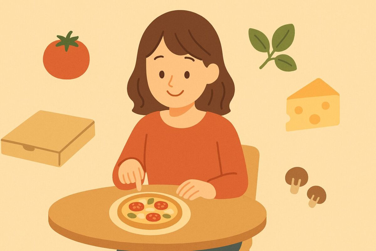 一人暮らしの女性がSサイズピザを選んでいる優しい雰囲気のイラスト