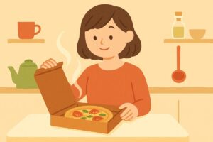 一人暮らしの女性がSサイズピザの箱を開けて嬉しそうにしているイラスト