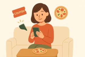 女性がスマホでお得なピザ注文をしている様子のイラスト
