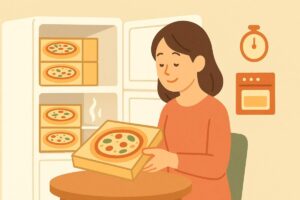 冷凍庫から冷凍ピザを取り出す女性のイラスト