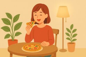 女性がSサイズピザを楽しんでいる穏やかな食卓シーンのイラスト