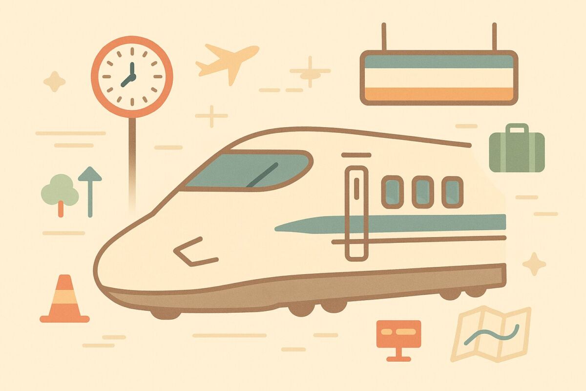 新幹線に何分前に到着すべきかをイメージした、駅と新幹線のシンプルなイラスト