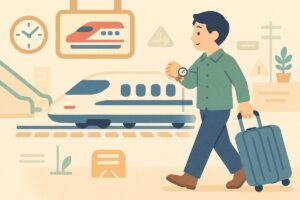 指定席で余裕を持って移動する利用者を描いたイラスト