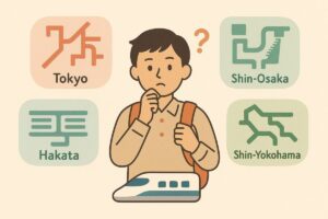 主要駅ごとの違いをイメージした、駅構造と利用者のイラスト