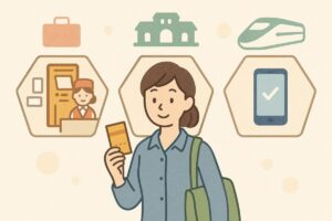 新幹線の切符購入方法を比較する場面のイラスト