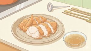 手羽元の色と肉汁の状態から火の通りを確認する様子を表したイラスト