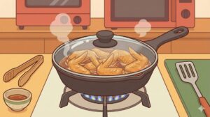 弱火で蒸し焼きにして手羽元へ均等に火を通している調理シーンのイラスト