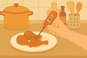 食品温度計で手羽元の中心温度を確認している衛生的な調理シーンのイラスト