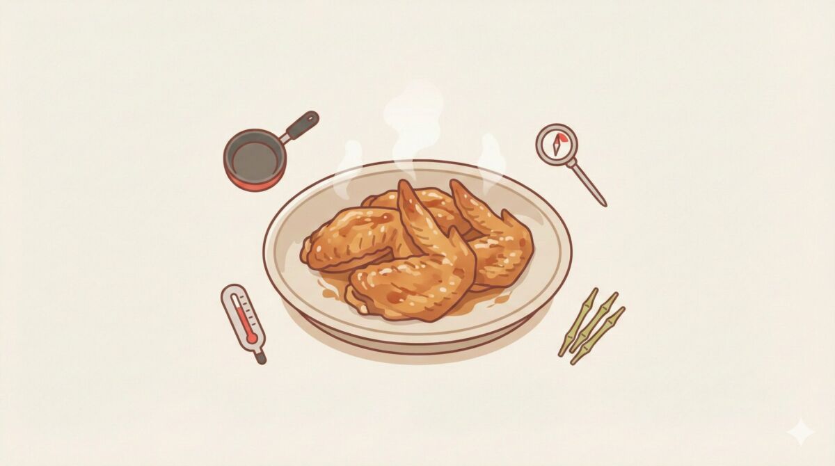 生焼けを防ぐための基本ポイントを表現した、手羽元と調理道具のシンプルで親しみやすいイラスト