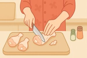 手羽元の下処理として切れ目を入れたり脂を取り除いたりする様子のイラスト