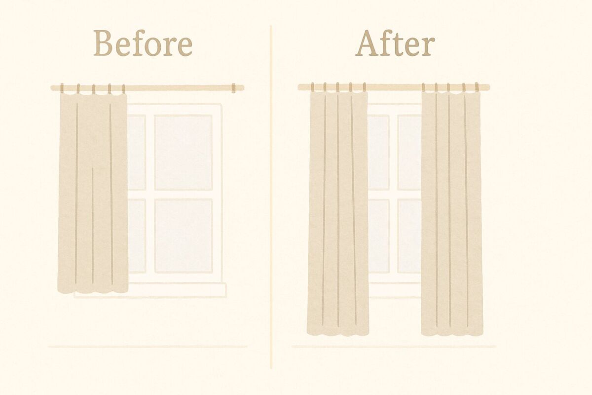 カーテンの長さが短い状態と、適切な長さに調整された状態を比較したビフォーアフター画像