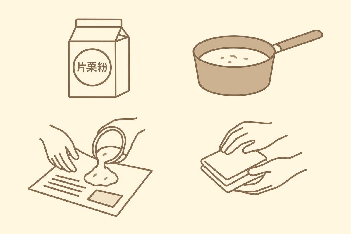 水溶き片栗粉の正しい捨て方を説明するアイキャッチ画像。片栗粉や新聞紙、鍋などのイラストを背景色①で配置したシンプルなデザイン