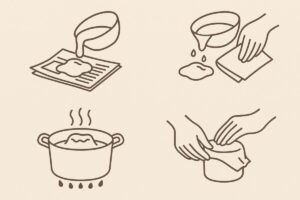 水溶き片栗粉を新聞紙やキッチンペーパーに吸わせて捨てる方法や、鍋で加熱して固める処理方法を説明するシンプルなイラスト