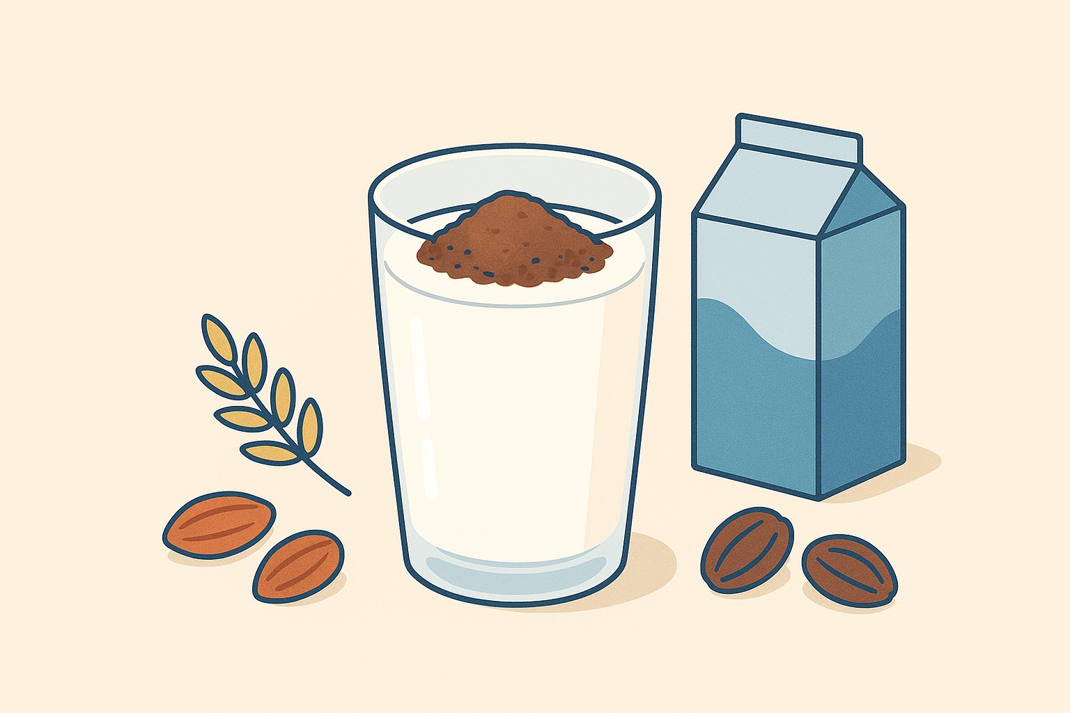 冷たい牛乳に浮かんだミロの粉を中心に、麦芽やココア豆、牛乳パックが柔らかく添えられた親しみやすいイラスト