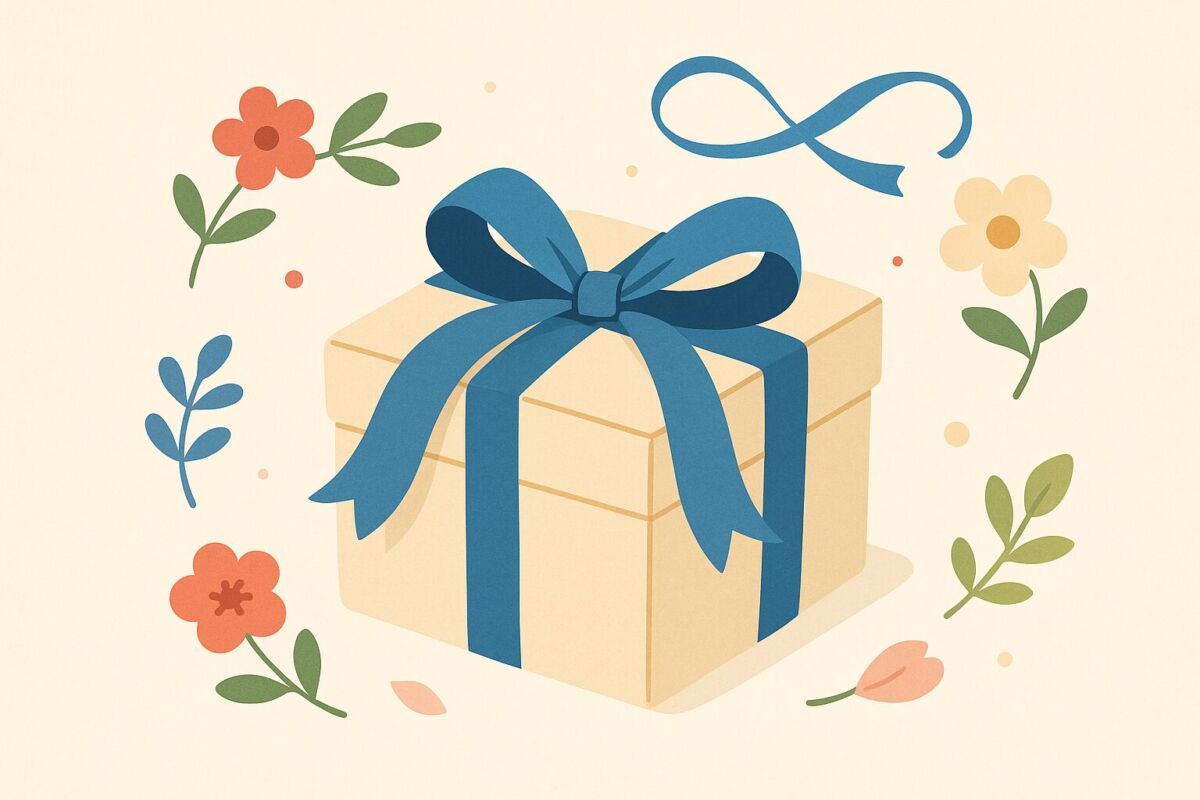 青いリボンがかかったギフトボックスと柔らかな花や小物が添えられたおしゃれなイラスト